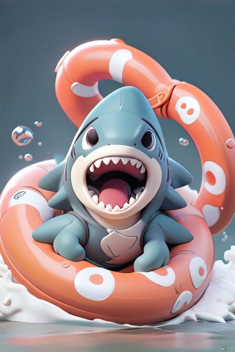  (Shark doll image), cute shark, lifebuoy, diving goggles, a few waves,
