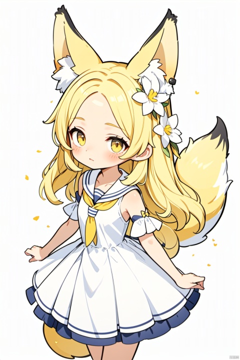  solo,(masterpiece), (best quality),1girl, animal ears, white background, simple background, detached sleeves, fox ears, blonde hair, halo, long hair, looking at viewer, dress, yellow eyes, hair ornament, flower, white dress, forehead, white sailor collar, sleeves past wrists, bangs, tail, sailor collar, fox tail, sleeveless, blush, parted bangs, animal ear fluff, bird, hair flower, backlight