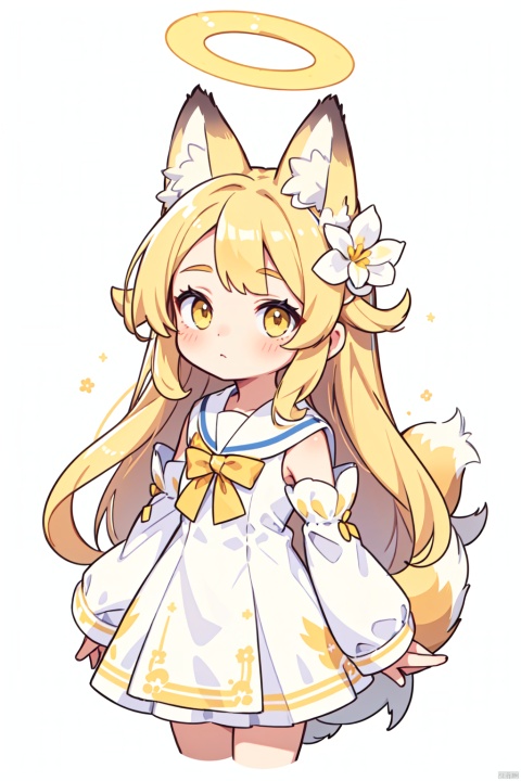 best quality,(masterpiece),1girl, animal ears, white background, simple background, detached sleeves, fox ears, blonde hair, halo, long hair, looking at viewer, dress, yellow eyes, hair ornament, flower, white dress, forehead, white sailor collar, sleeves past wrists, bangs, tail, sailor collar, fox tail, sleeveless, blush, parted bangs, animal ear fluff, bird, hair flower, backlight,