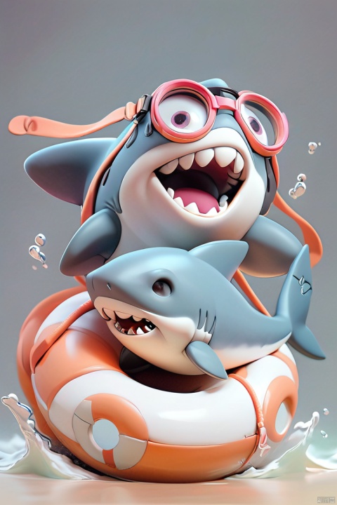  (Shark doll image), cute shark, lifebuoy, diving goggles, a few waves,