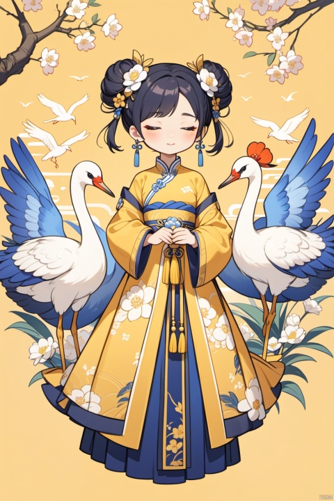  new chinese style,1girl,solo,closed eyes,black hair,hair bun,flower,bird,hair ornament,standing,blush,long sleeves,yellow background,crane (animal),double bun,blue flower,bangs,white flower, symmetrical composition,, masterpiece,best quality,very aesthetic,absurdres,
