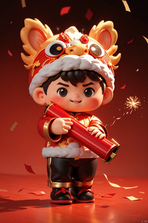 masterpiece,best quality,NY_BQB,1boy,chibi,male focus,solo,smile,chinese new year,fur trim,looking at viewer,standing,simple background,pants,full body,firecrackers,