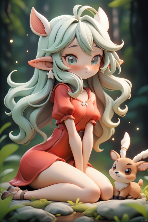 by Malika Favre, Helen Green, instantly recognizable illustration.
a cute little girl has long silver hairs,elf pointed ears.wearing long red dress. solo. looking at viewers. in the woods, sitting on the ground with a cute little deer.
The background should be minimalist to keep the focus on the girl. Employ a soft pastel color palette with diffused lighting to evoke feelings of warmth, gentleness, and affection. flying shining stars,
masterpiece,best quality,very aesthetic,absurdres,