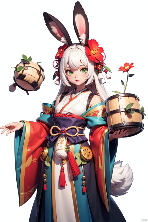 1girl, animal ears, drum, green eyes, white hair, rabbit ears, solo, transparent background, japanese clothes, hair ornament, tail, flower, hair flower, masterpiece,best quality,very aesthetic,absurdres,
