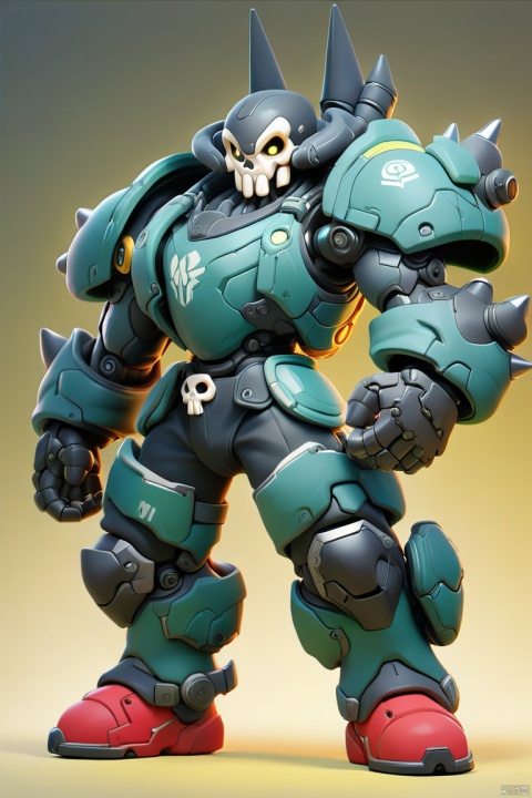 1boy, 

cyberpunk, green armor, rocket punch, coat, full body, shoulder spikes, power armor, breastplate, open hand, armored dress, headgear, black armor, hand up, skull ornament, gauntlets, boots, mechanical spine, gn drive, spikes, gradient background, knight, armor, legs apart, yellow background, spartan (halo), black headwear, waistcoat, full armor, boobplate, single gauntlet, simple background, long coat, mechanical arms, single mechanical hand, standing, red footwear, mecha danshi, solo, blue coat, armored boots, spiked armor, science fiction,

masterpiece, newest, absurdres, safe