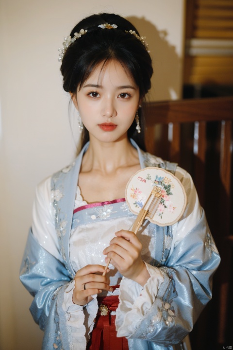 1girl,tuanshan,traditional attire,holds a fan,upper body,, masterpiece,best quality,very aesthetic,absurdres,holdding a fan,moyou