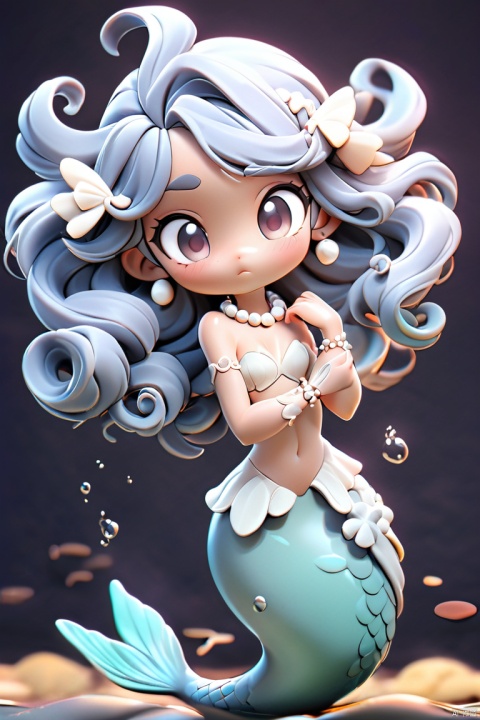 1girl,mermaid,chibi,(blue hair, curly hair, floating hair),shell hair ornament,pearl hair ornament,pearl necklace,underwater