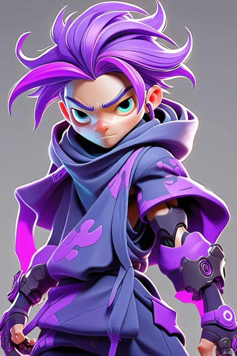 a vibrant and detailed animated character, possibly a ninja, donning a hooded cloak, mask, and futuristic gear. The character has a striking blue and purple hairstyle, and is equipped with sharp, metallic tools, suggesting a blend of traditional and futuristic themes