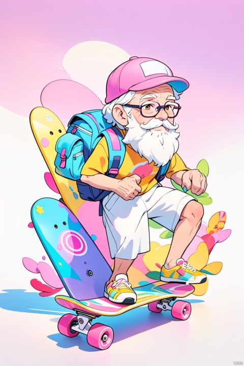  solo,(masterpiece), (best quality),The image showcases a vibrant 3D animated character, an elderly man with a white beard, wearing a pink cap, glasses, and a backpack. He's posed next to a colorful skateboard, exuding a relaxed and adventurous vibe