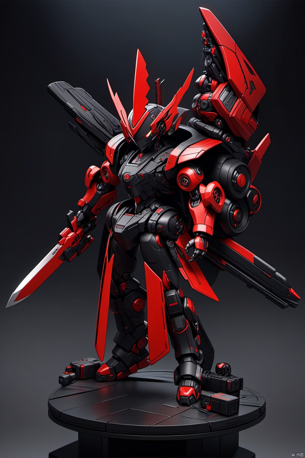  solo,(masterpiece), (best quality),The image showcases a detailed, intricately designed toy or figurine. It features a robotic or humanoid figure adorned in a black and red outfit with a prominent emblem. The figure is equipped with various accessories, including a large, red sword and a backpack with a spiky design. The toy appears to be inspired by futuristic or cyberpunk themes, emphasizing a blend of modernity and edginess