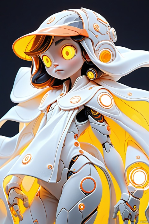 The image showcases a detailed, futuristic robotic suit adorned with intricate designs and symbols. The suit is predominantly white with touches of orange and black. The visor is translucent, revealing a glowing yellow eye, and it's wrapped in a large, flowing white cloak. The robotic components are meticulously crafted, with various buttons, switches, and panels