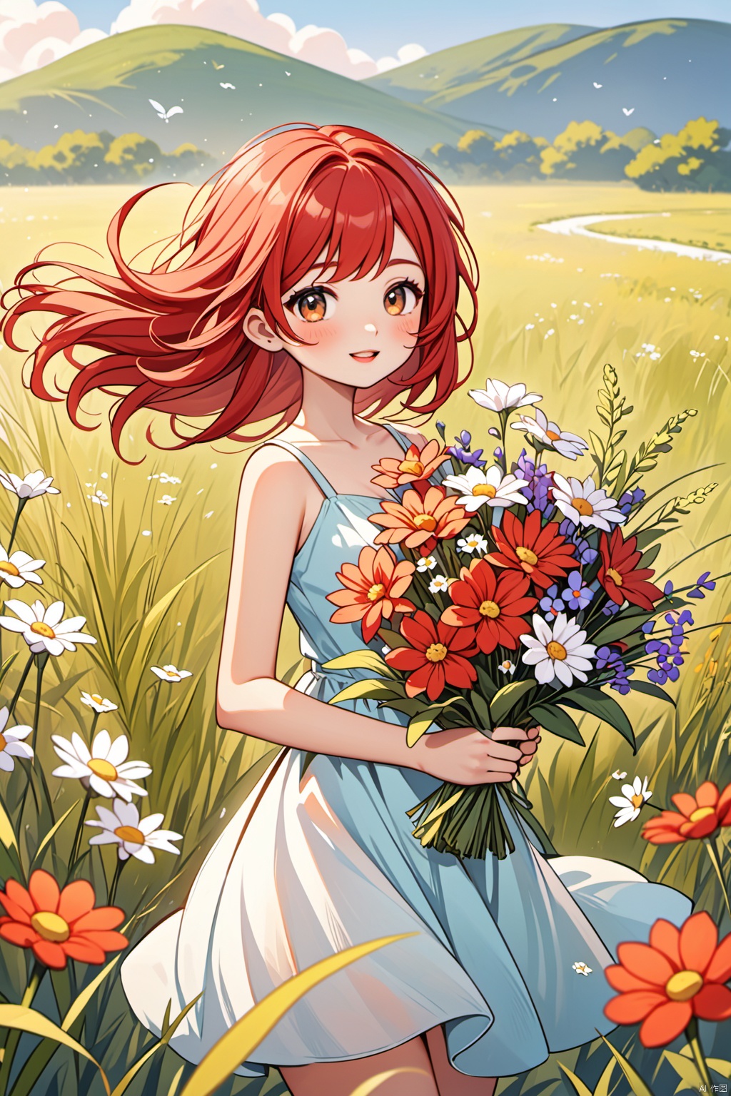  a girl with bright red hair,wearing a sundress and holding a bouquet of wildflowers,standing in a field of tall grass with a soft breeze blowing through,close up. BREAK the scene should capture the whimsical and carefree style of Sakimichan,with a sense of peace and tranquility in the air.,CGArt Illustrator,
masterpiece, newest, absurdres, safe