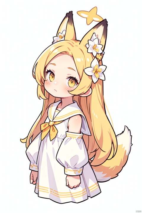 best quality,(masterpiece),1girl, animal ears, white background, simple background, detached sleeves, fox ears, blonde hair, halo, long hair, looking at viewer, dress, yellow eyes, hair ornament, flower, white dress, forehead, white sailor collar, sleeves past wrists, bangs, tail, sailor collar, fox tail, sleeveless, blush, parted bangs, animal ear fluff, bird, hair flower, backlight,