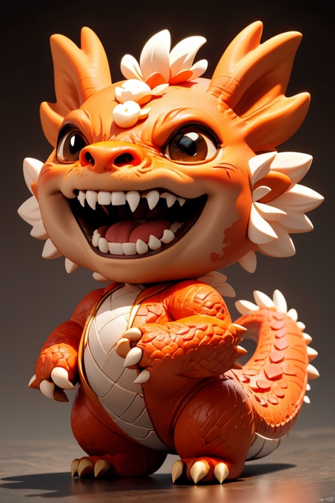 NY_BQB, no humans, eastern dragon, chibi, orange and blue skin, solo, smile, fangs, standing, full body, closed mouth, simple background, brown eyes, flower, white background, blush, fangs out