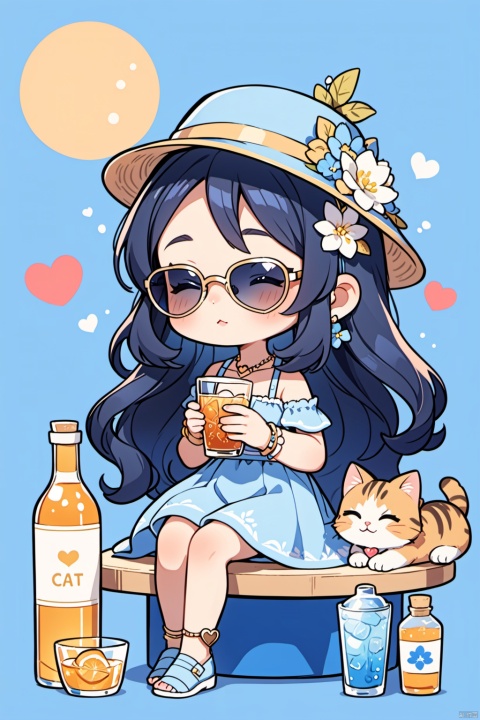 1girl,sunglasses,cup,flower,hair ornament,drinking glass,hair flower,black hair,cat,holding,chibi,solo,bottle,blue background,holding cup,sitting,closed eyes,blue theme,heart,long hair,blush,drink,jewelry,hat,bracelet,