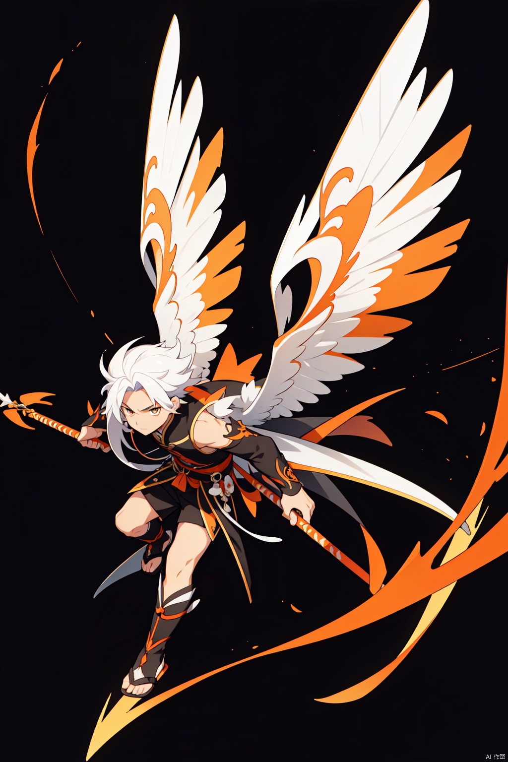 best quality,(masterpiece),A Chinese anime man with white hair, dressed in black and orange traditional , has long wings on his back, flying out of the air to attack, sharp blades hanging from his hands, and a pure dark background. The lines have clear details, and he is surrounded by three-dimensional effects. High definition resolution and high quality details. In the style of high detail