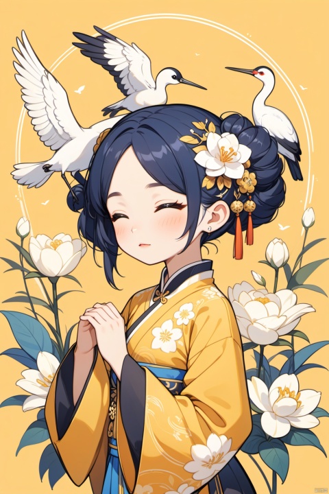  new chinese style,1girl,solo,closed eyes,black hair,hair bun,flower,bird,hair ornament,standing,blush,long sleeves,yellow background,crane (animal),double bun,blue flower,bangs,white flower, symmetrical composition,, masterpiece,best quality,very aesthetic,absurdres,