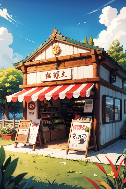 Fence, Mini Store, Grocery Store, Shop Sign, Detailed Illustrations, Bamboo Grove, Bamboo, Fruit Factory, Detailed Character Design, Panda, Colorful Banners, Clouds, Grass From Background
masterpiece,best quality,very aesthetic,absurdres,