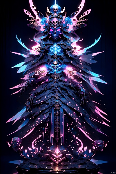  solo,(masterpiece), (best quality),An intricately designed, ethereal figure with a skull-like face, glowing eyes, and ornate armor stands against a dark background. The figure is adorned with blue and pink luminescent details, giving it an otherworldly and mystical appearance