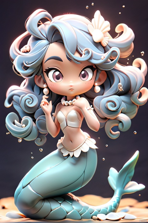 1girl,mermaid,chibi,(blue hair, curly hair, floating hair),shell hair ornament,pearl hair ornament,pearl necklace,underwater