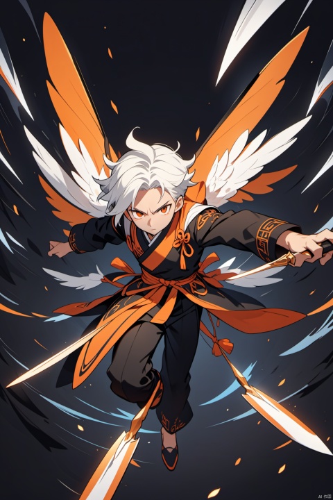  solo,best quality,(masterpiece),A Chinese anime man with white hair, dressed in black and orange traditional , has long wings on his back, flying out of the air to attack, sharp blades hanging from his hands, and a pure dark background. The lines have clear details, and he is surrounded by three-dimensional effects. High definition resolution and high quality details. In the style of high detail