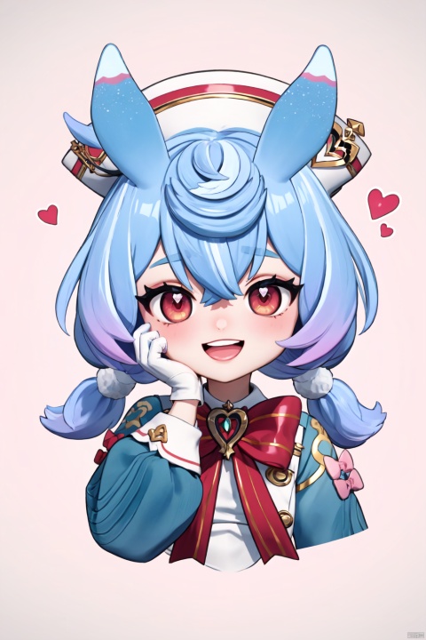  masterpiece, best quality, , 1girl, solo, red eyes, heart, animal ears, gloves, twintails, smile, hand on own face, open mouth, looking at viewer, hand on own cheek, low twintails, rabbit ears, bow, white gloves, long sleeves, blue hair, long hair, tail, halo, hair between eyes, bangs, hat, symbol-shaped pupils, teeth, gradient background, :d, gradient, red bow, upper body, sigewinne (genshin impact)