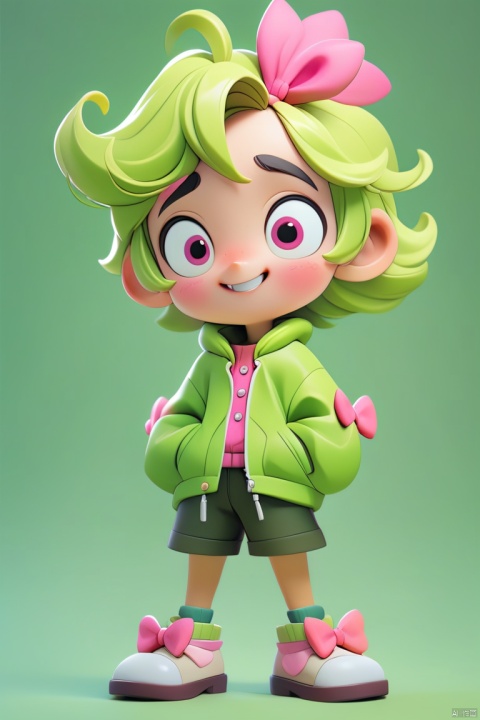 An animated character with a playful expression, adorned in a green jacket with pink bows, stands against a vibrant green background