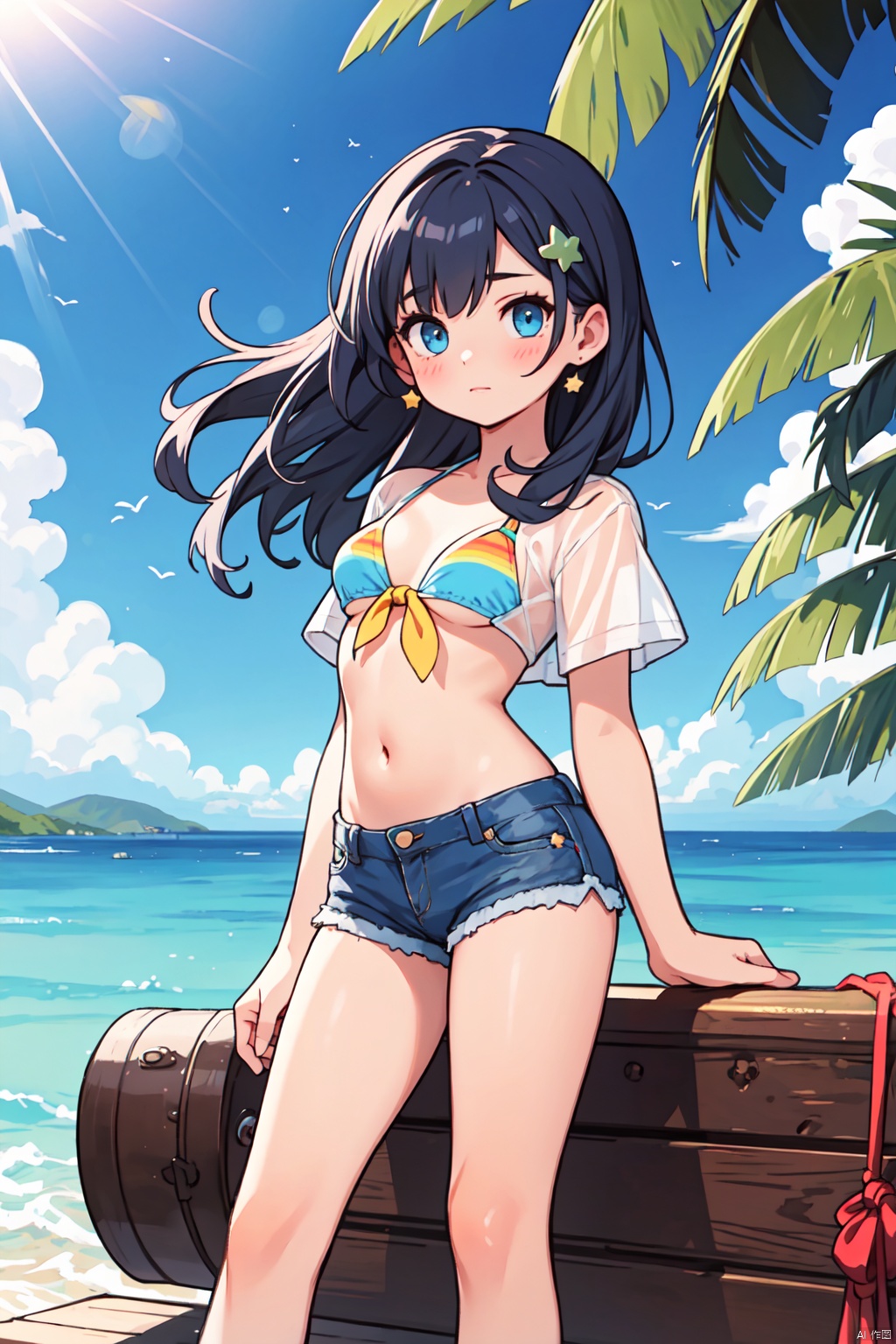 masterpiece, best quality,A girl with long blue hair and blue eyes, wearing a bikini under denim shorts and a tied white shirt, standing on a boat in the ocean under a clear blue sky. She has a crop top revealing a small stomach and is looking directly at the viewer with a closed mouth. Her hair is floating in the sunlight, and there are palm trees and a star symbol in her eye, symbolizing a sense of wonder and adventure. The scene is vibrant with vivid colors and a tropical atmosphere, featuring clouds, a star symbol, and a tree in the background to enhance the overall composition.