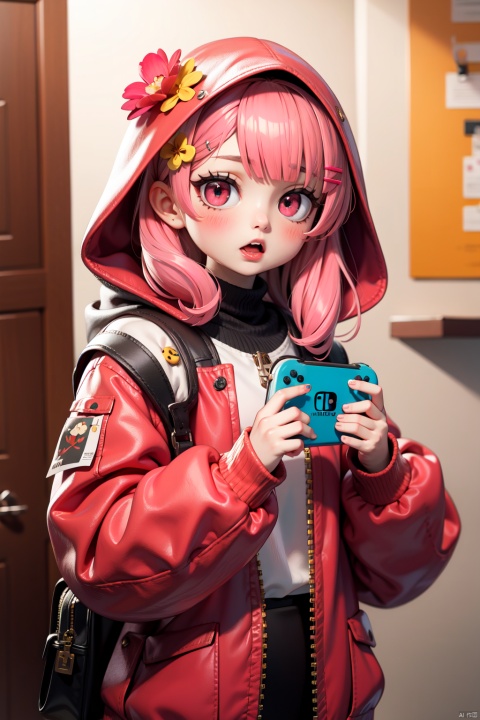 1girl, hair ornament, handheld game console, long hair, pink hair, hood, bow, heart, flower, solo, blush, holding, nintendo switch, red jacket, long sleeves, looking at viewer, hairclip, red eyes, jacket, :o, white bow, open mouth, heart hair ornament, upper body, backpack, food, bag, bangs, red flower, pink eyes, (masterpiece:1.2), best quality, highres,extremely detailed CG,perfect lighting,8k wallpaper,masterpiece,best quality,very aesthetic,absurdres,