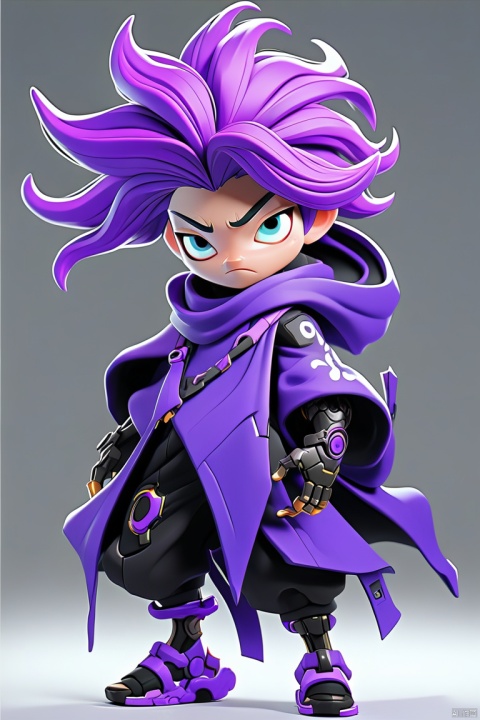 a vibrant and detailed animated character, possibly a ninja, donning a hooded cloak, mask, and futuristic gear. The character has a striking blue and purple hairstyle, and is equipped with sharp, metallic tools, suggesting a blend of traditional and futuristic themes