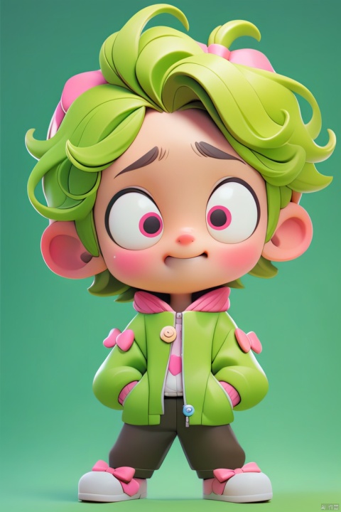 An animated character with a playful expression, adorned in a green jacket with pink bows, stands against a vibrant green background