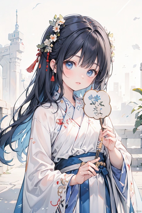 1girl,tuanshan,blue traditional attire,hanfu,holds a circular fan,upper body,, masterpiece,best quality,very aesthetic,absurdres, loli