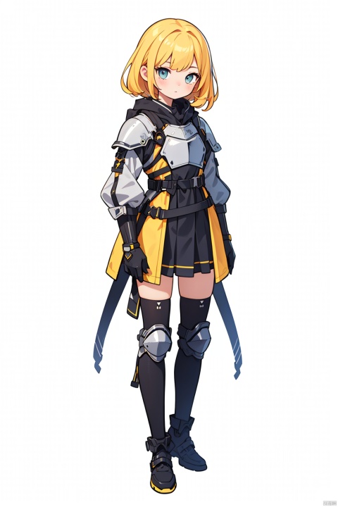 (best quality),((masterpiece)),(highres),1girl, yellow hair, knight, solo, standing, full body, simple background, white background