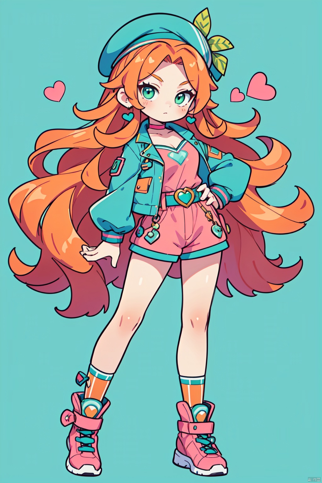 solo,(masterpiece), (best quality),A vibrant animated female character with long wavy orange hair, green eyes, and a playful expression is dressed in a teal jacket with a heart patch and a pink beret. She's seen from the waist up and is posed with her arms crossed, exuding a sense of confidence