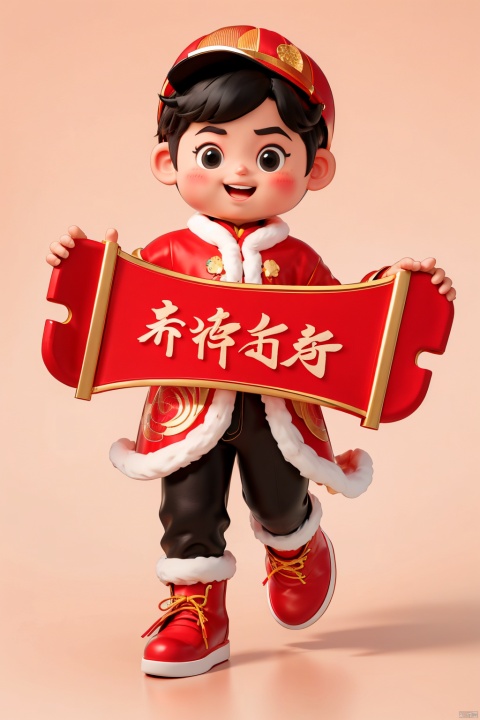 NY_BQB, 1boy, male focus, smile, solo, holding, open mouth, simple background, looking at viewer, hat, blush, black hair, black eyes, standing, full body, chinese couplets, red headwear, pink background, fur trim, red footwear