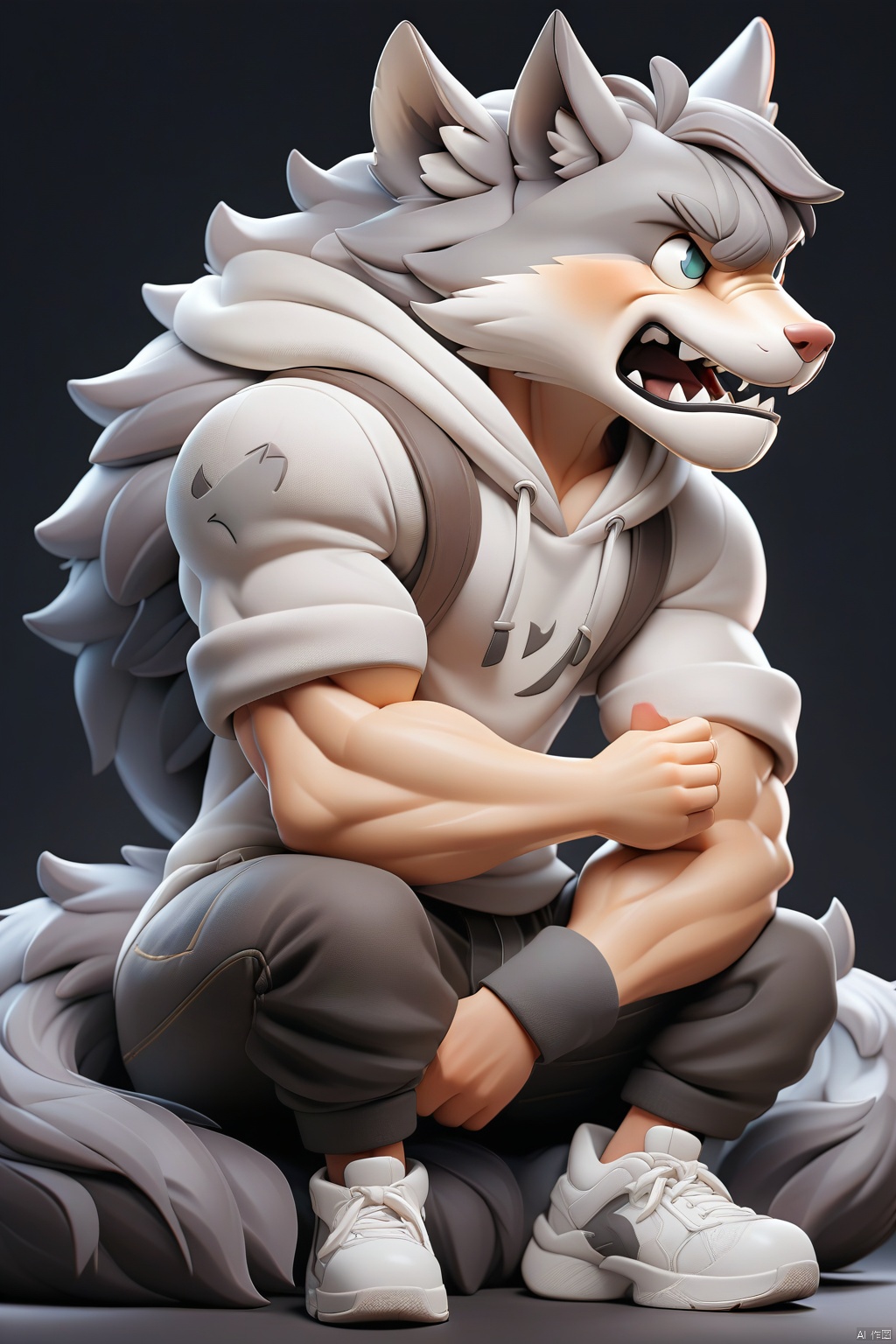 This digital artwork presents a figure dressed in a white hoodie and pants,sitting with their legs crossed. They wear white sneakers with black detailing. Their hair falls loosely around their shoulders and back. Behind this figure looms a formidable gray wolf,its expression fierce,with sharp canines bared and eyes glowing intensely. The wolf's fur is detailed with varying shades of gray,capturing the animal's muscular build and powerful stature. The overall mood of the image is somber and intense,accentuated by the dark background that fades into obscurity, masterpiece,best quality,very aesthetic,absurdres,