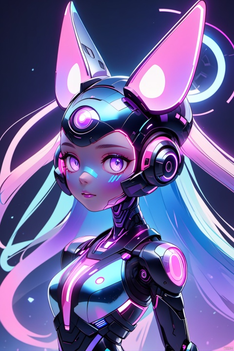  solo,(masterpiece), (best quality),A vibrant, 3D animated character, possibly a robot or cyborg, with holographic skin and a metallic appearance. The character's large, round ears are illuminated in hues of blue, pink, and purple, and it has a reflective surface, giving it a futuristic and ethereal look