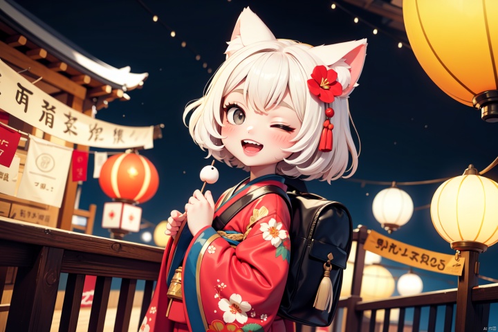 1girls, fireworks, white hair, flower, lantern, hair ornament, smile, hair flower, japanese clothes, open mouth, food, one eye closed, long hair, paper lantern, backpack, red kimono, animal ears, bag, kimono, blush, outdoors, floral print, night, aerial fireworks, red flower, upper teeth only, holding, short hair, ;d, long sleeves, teeth, wide sleeves, child, tassel, brown eyes, looking at viewer, festival, railing, :d, sky, new year, holding food, siblings, cat ears, blurry, dango, grey eyes,masterpiece,best quality,very aesthetic,absurdres,
