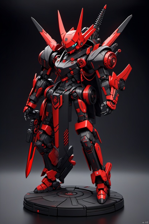  solo,(masterpiece), (best quality),The image showcases a detailed, intricately designed toy or figurine. It features a robotic or humanoid figure adorned in a black and red outfit with a prominent emblem. The figure is equipped with various accessories, including a large, red sword and a backpack with a spiky design. The toy appears to be inspired by futuristic or cyberpunk themes, emphasizing a blend of modernity and edginess