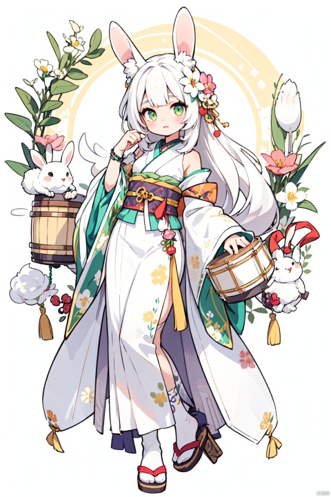 1girl, animal ears, drum, green eyes, white hair, rabbit ears, solo, transparent background, japanese clothes, hair ornament, tail, flower, hair flower, masterpiece,best quality,very aesthetic,absurdres,