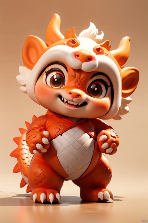 NY_BQB, no humans, eastern dragon, chibi, orange and blue skin, solo, smile, fangs, standing, full body, closed mouth, simple background, brown eyes, flower, white background, blush, fangs out