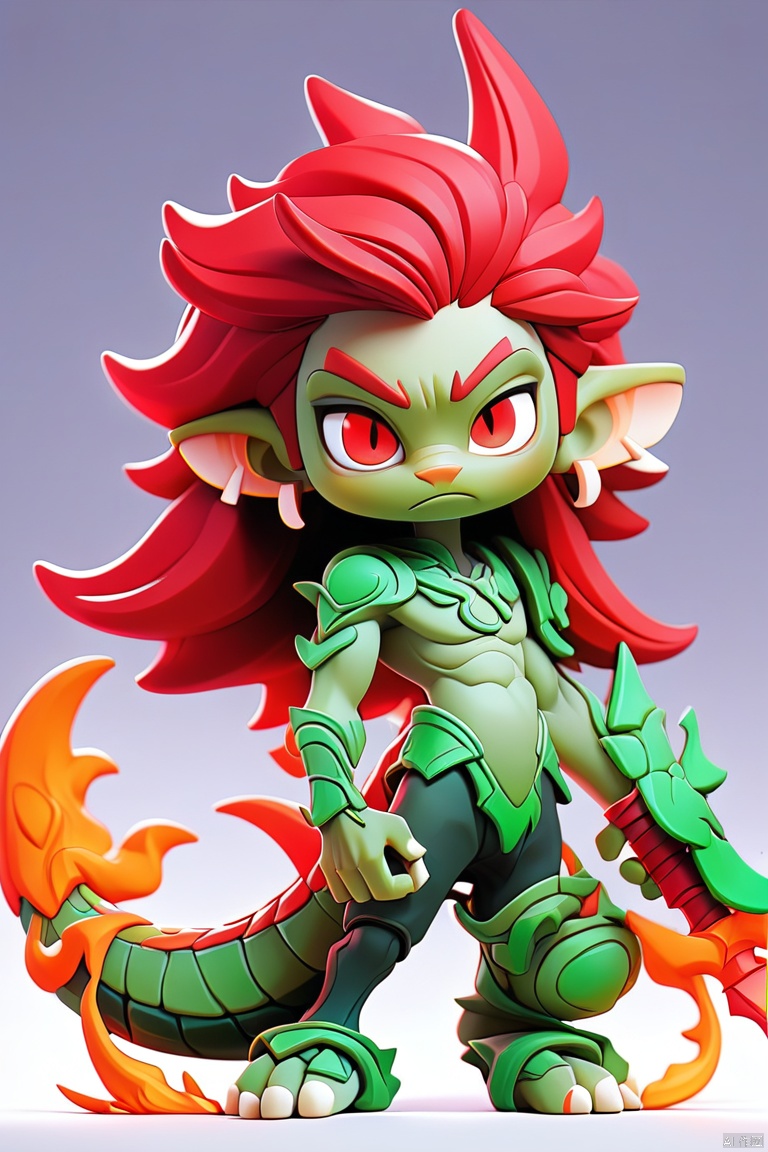 1boy, 

full body, chibi, pyrokinesis, fins, tail, holding weapon, spear, white fur, weapon, looking at viewer, long hair, red hair, red eyes, hand up, very long hair, colored skin, holding, head fins, monster girl, fire, very long tail, arm up, animal ears, scales, simple background, parted lips, standing, white background, solo, crotch outline, polearm, green skin, holding polearm, jitome, androgynous, slit pupils, digitigrade, snout, green scales,

masterpiece, newest, absurdres, safe