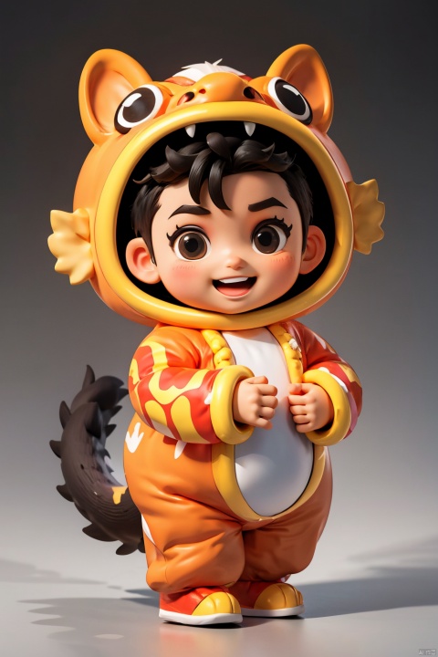 NY_BQB, 1boy, chibi, male focus, black hair, solo, open mouth, smile, transparent background, looking at viewer, tail, animal costume, blush, thick eyebrows, standing