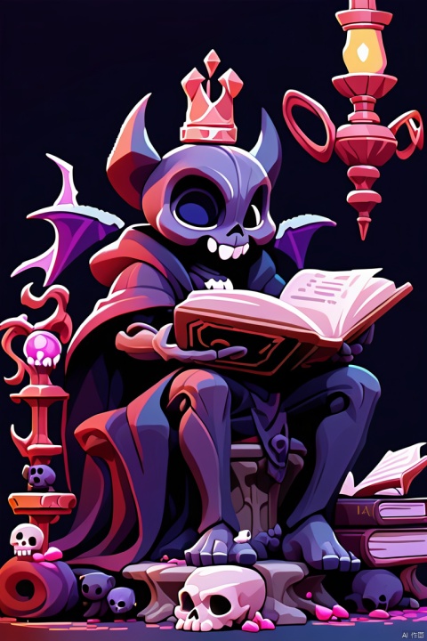 1boy, hooded robe, statue, no eyes, skeleton, pixel art, wings, cup, wine glass, robe, demon boy, black cat, alcohol, book, sitting on bar, reading, throne, holding, holding wand, skull, crown, on chair, staff, sitting, vampire, sitting on object, drinking glass, smile, crystal, wand, demon wings, cloak, hanging light, magic circle, wine, cat, open book, black background, black cloak,
masterpiece, newest, absurdres, safe