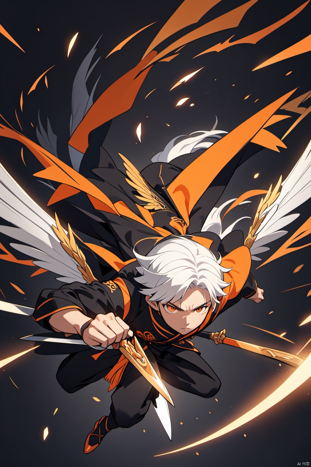  solo,best quality,(masterpiece),A Chinese anime man with white hair, dressed in black and orange traditional , has long wings on his back, flying out of the air to attack, sharp blades hanging from his hands, and a pure dark background. The lines have clear details, and he is surrounded by three-dimensional effects. High definition resolution and high quality details. In the style of high detail