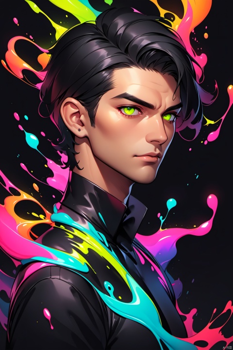 (masterpiece), (best quality),Beautiful male portrait with neon fluid shapes, liquid illustration, Artgerm, on a black background