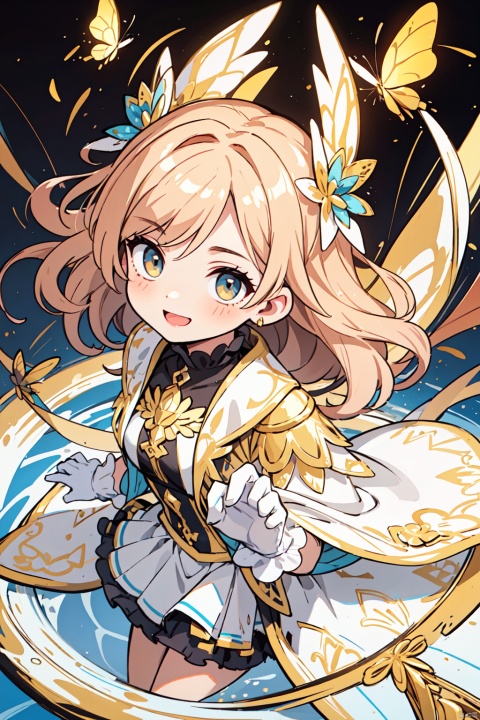 (perspective composition:1),Anime of 1 girl is fly in the air and smile and surrounded by a lot of surreal painting gold butterfly filigree,broken glass,brown long hair:1,wear gold butterfly filigree outfit coat fashion costume with ruffled layers:1),from above,dynamic pose,dynamic angle,golden splendid background),white gloves
, masterpiece,best quality,very aesthetic,absurdres,