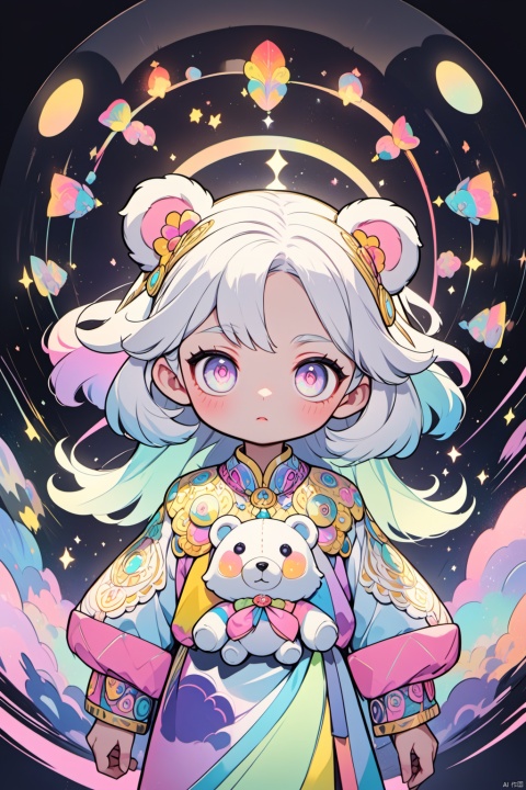  solo,(masterpiece), (best quality),A mystical figure with silver hair, donned in a pastel-colored jacket adorned with colorful, luminescent bear-like motifs, stands against a dark backdrop. The character's intense gaze and unique attire make them a captivating subject for any art enthusiast