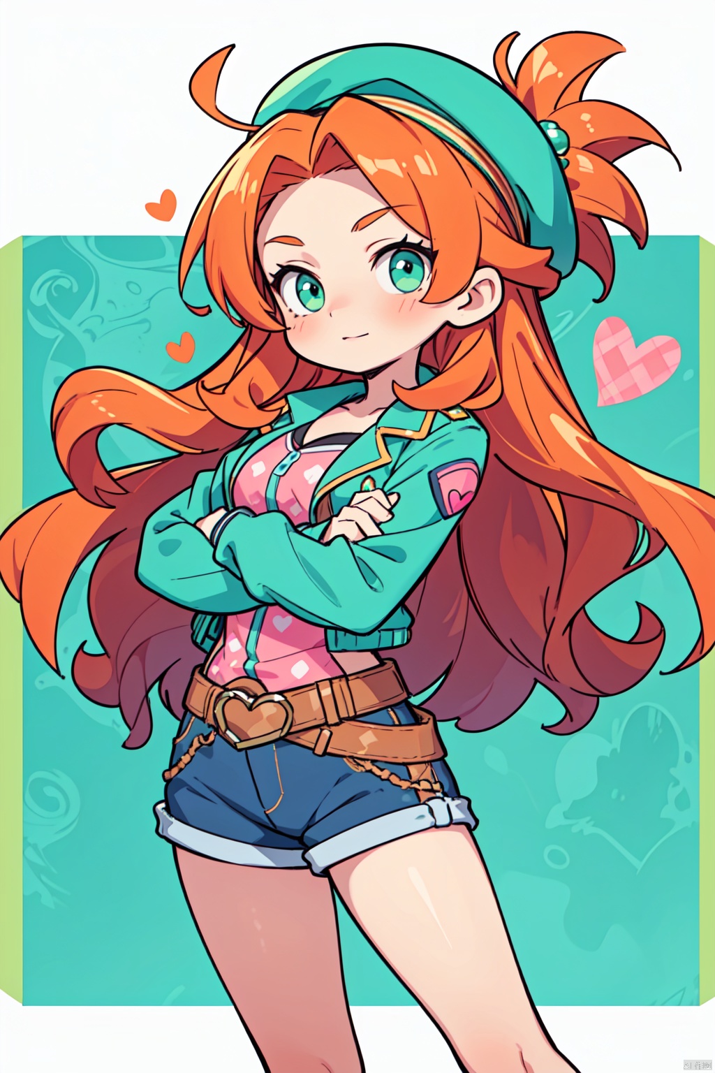 solo,(masterpiece), (best quality),A vibrant animated female character with long wavy orange hair, green eyes, and a playful expression is dressed in a teal jacket with a heart patch and a pink beret. She's seen from the waist up and is posed with her arms crossed, exuding a sense of confidence