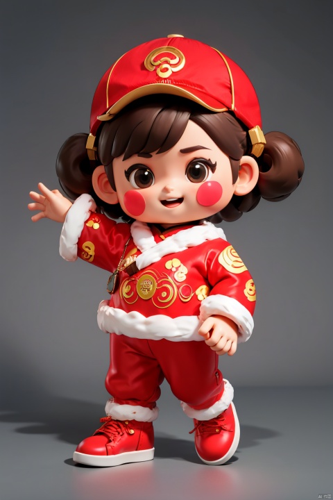 NY_BQB, smile, open mouth, 1girl, chibi, white background, simple background, solo, standing, fur trim, hat, full body, blush stickers, brown hair, looking at viewer, pants, black eyes, chinese new year, red footwear, red shirt, shirt, solid oval eyes, fur-trimmed sleeves, long sleeves, shoes, jacket, short hair, red pants